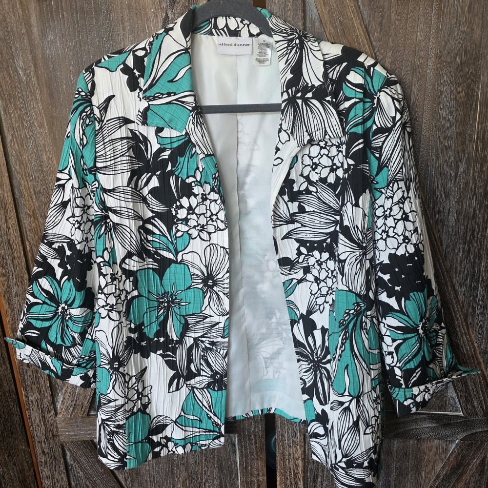 Alfred Dunner Jacket Women's Size 16 White Teal Black Floral Open Blazer Lined